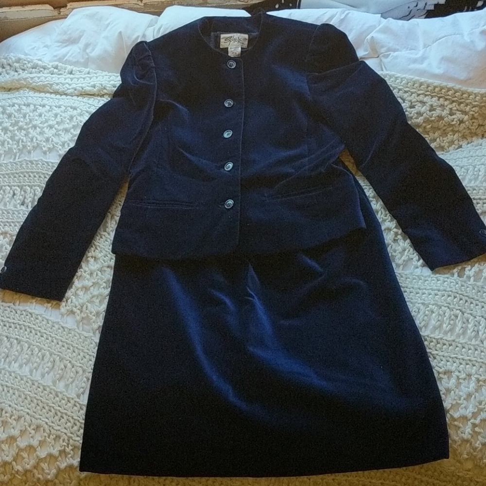 Vintage blue velvet skirt suit